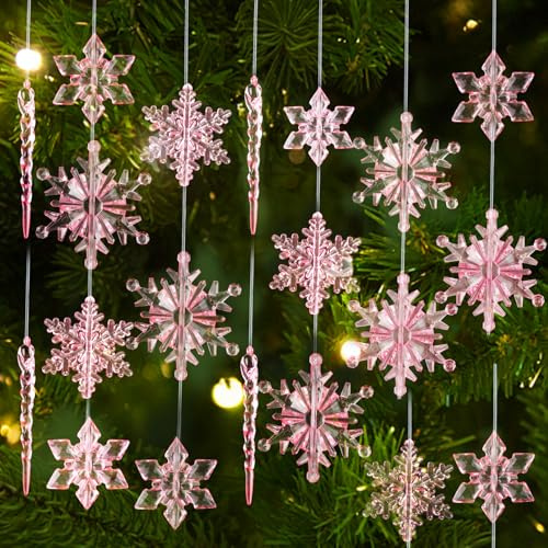 FOIMAS 38pcs Christmas Snowflake Icicle Ornament,Pink Acrylic Icicle Snowflake Drop Pendant Crystal Hanging Ornaments with String for Christmas Tree DIY Craft Home Decoration