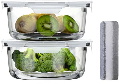Bstask Round Glass Food Containers with Lids Set, Sealed Meal Prep Containers, Glass Lunch Box with Lid, Food Storage Containers (2 pack 660 ml), Microwave, Oven & Dishwasher Safe