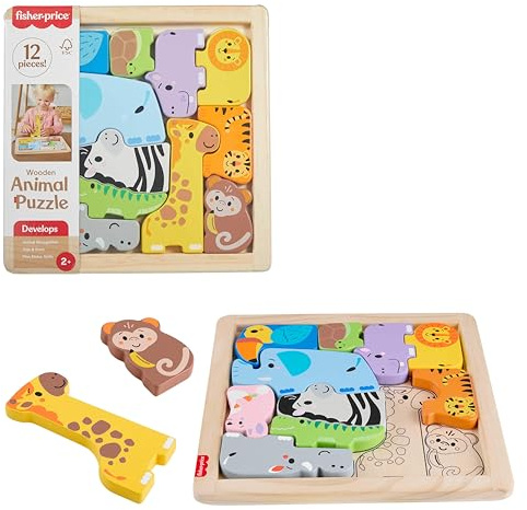 Fisher-Price - Puzzle Animali in Legno, Set cercaforme con 12 Blocchi in Legno a Forma di Animali e 1 Vassoio con Linee da seguire, Giocattolo per Bambini, 2+ Anni, JFG10