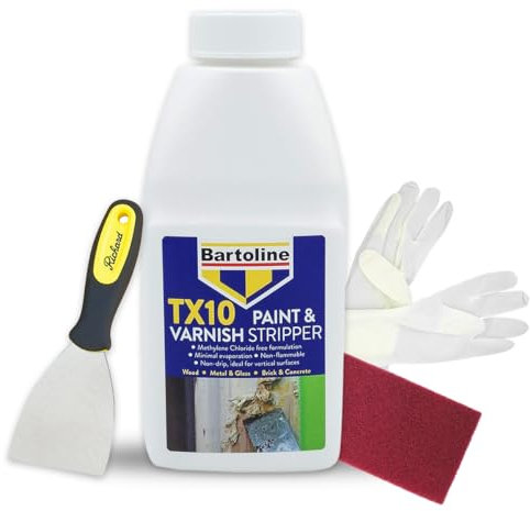 Paint Stripper Kit with Bartoline TX10 + Scraper, Mask, Gloves & Brush – Paint Remover & Varnish Stripper for Wood, Metal, Brick, Concrete – Ideal Varnish Remover for Wood Surfaces