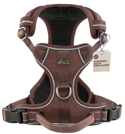 FREUDENTIER Hundegeschirr mit Griff, atmungsaktiv gepolstert - Bombenfester Sitz & maximale Sicherheit - Anti Zug Hundegeschirr kleine, mittelgroße & Grosse Hunde - Hunde Geschirr (Braun, M)