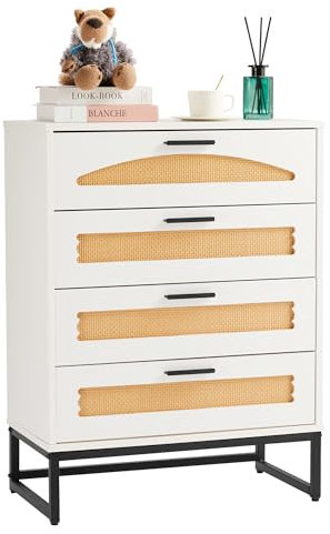 Mericonia 4 Drawers Rattan Dresser, Natural Rattan Closet Dresser with 4 Drawers, Bedroom Storage Organizer with Sturdy Handles and Legs，for Bedroom, Living Room, Hallway, Entryway, White
