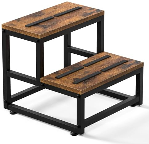 Tritthocker Holz 2-Stufen für Erwachsene & Kinder, 500LB/226KG Tragkraft - Stabiler Metallrahmen & Holzbrett, Anti-Rutsch Füße, Universal Fußhocker für Bad/Küche/Schlafzimmer/Wohnwagen (38x38x35.5cm)