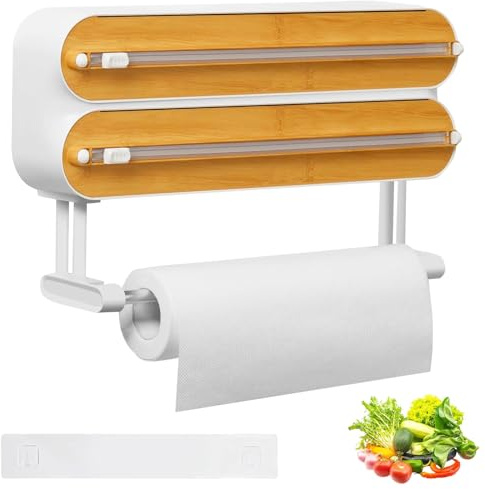 Derouleur Film Alimentaire Magnétique, 3 in 1 Derouleur Film Alimentaire, Distributeur et Film Alimentaire, Coupe Film Alimentaire pour Tiroir de Cuisine,Dérouleur Mural, Couleur Bois