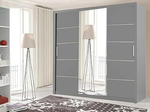 Oslo Sliding Door Wardrobe White Modern Bedroom Wardrobe with 2 or 3 Sliding Doors Mirror Panels, Rails & Shelves (Grey, 203cm)