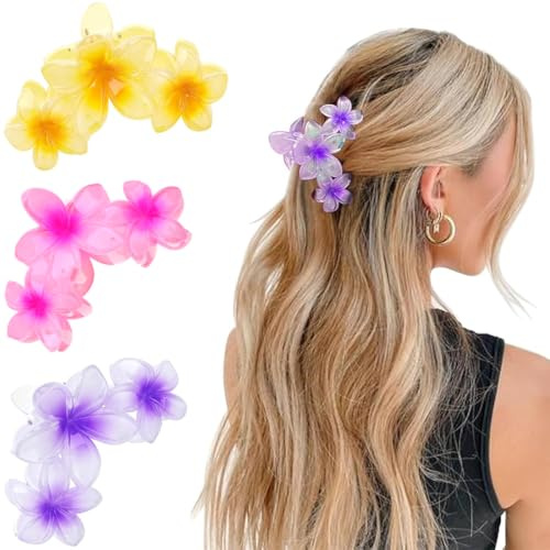 JEYORZY 3 pcs Pinzas de Flores para Mujer, Accesorios para el Cabello Hawaiano, pinzas antideslizantes para Mujer, Clips de Pelo de Flor Colores Pinzas, Plumeria Hawaiana para Cabello Grueso, Regalos