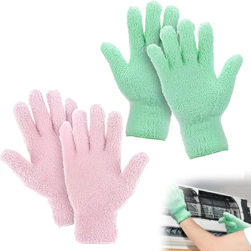 GNALIA 2 Paar Putzhandschuhe aus Mikrofaser, waschbar, Staubhandschuhe aus Korallenvlies für Küche, Haus, Möbel und schwer zugängliche Ecken, pink und blaugrü