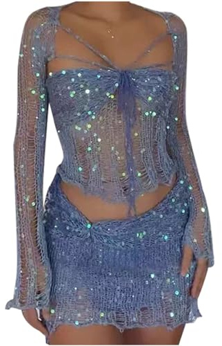 AMhomely Womens Sexy Crochet 2 Piece Outfits Sexy Long Sleeve Crop Top with Mini Skirt Knitted Teens Y2k Sequin Dress Sets,T16- Blue,S