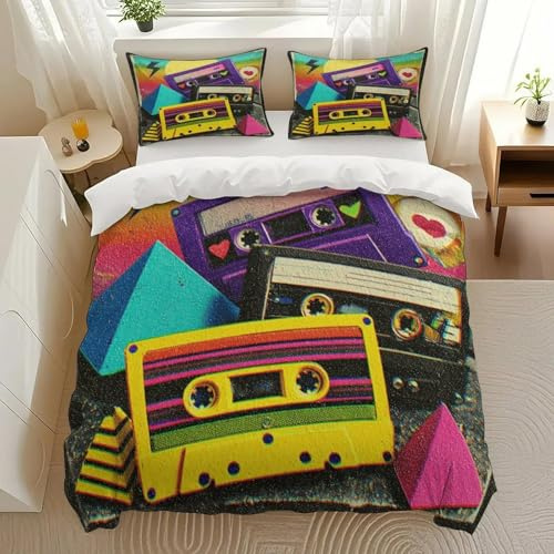 Pfofrlofafa Cassette Tapes Bedding Comforter Sets Bedding Set 3 Pieces (1 Duvet Cover 2 Pillowcases) with Zipper Closure Lightweight