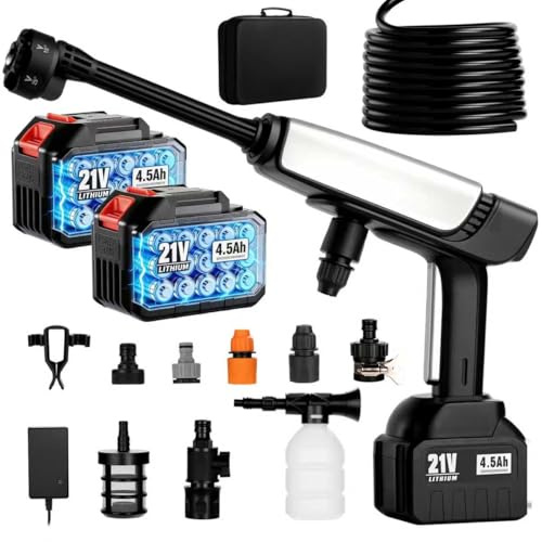 Cordless Pressure Washer Battery Powered,Portable Power Washer with 2pcs 4.5Ah 21V Battery&Charger & 6-in-1 Nozzle,2 Power Level & on/off Button,Handheld Pressure Washer for Car,Home,Garden Patio (5m)