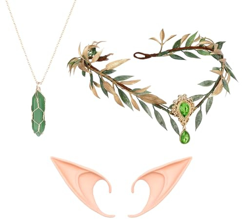DvBCNMe 3 Stück Elfen Kostüm Damen, Elfen Zubehör Set mit Elfenkrone, Grün Aventurin Halskette und Hautfarbenen Elfohren, Fantasy Accessoires für Cosplay, Renaissance Feste und Karneval Partys