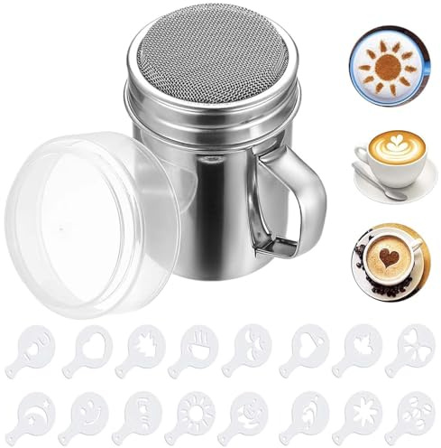 Kakaostreuer für Cappuccino Puderzuckerstreuer Edelstahl,mit 16 Stück Kaffee Schablone Druckformen, Kaffee Zubehör für Heiße Schokolade Brotdekoration für Baking and Home Restaurant Cooking