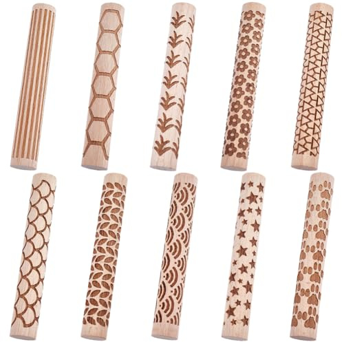 CREATCABIN Trälera texturrulle 10 st 6 stilar för modellering schabloner andra skapelser idealiskt verktyg för krukmakare texturerad bakrulle för keramiska plattor glasyr 10 x 1,5 cm