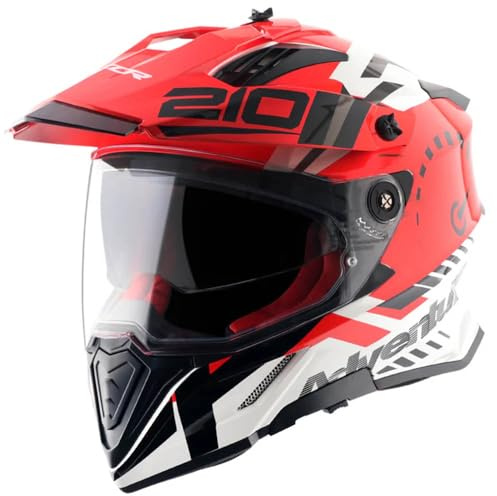 AXOR X-Cross Dual Designed Speed Blanco Rojo - Casco de Moto Trail Adventure, Off Road con Visor Solar Homologado ECE 22.06 (L)