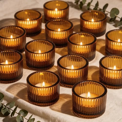 Filltown Bärnsten värmeljus ljushållare set med 12, glasvotive värmeljushållare, mini vintage randiga ljus och hållare för bröllop jul hem födelsedagsfest dekor