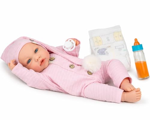 Marina & Pau Babydocka Lia 45 cm med mjuk kropp – mjuk lekdocka med napp, flaska och blöja för barn (Lia – 45 cm)