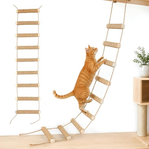 100cm Katzenleiter Wandmontiert, 3-in-1 Sisal Kletterbrücke & Hängematte aus Massivholz, Faltbare Jute Kratzbretter Laufsteg für Katzenwandregale Kletterpodeste Indoor Katzen