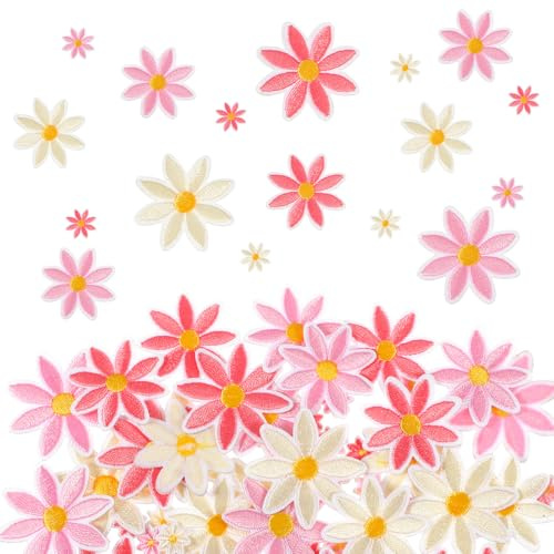 Nogeqi 30 Pcs Daisy Flower Iron on Patches, 3 Sizes, Cute Daisy Flower Sew on Patches for Clothing, Floral Applique Embroidered Patch for Clothes Hats Jeans Backpacks