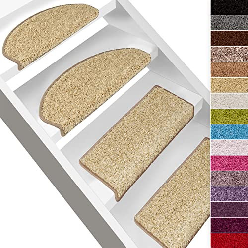 casa pura Shaggy Stufenmatten Barcelona 15 Stück Set, weicher Hochflor Treppen-Teppich, Treppenstufen Matten, selbstklebend | rechteckig | 65 x 23,5cm | Beige