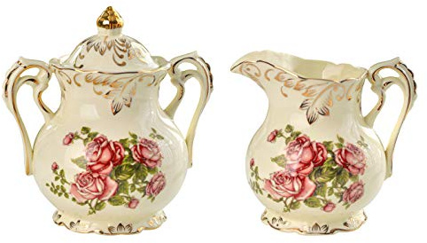 YOLIFE Ceramic Creamer and Sugar Set, Ivory Porcelain Flower and Gold Leaves Edge (Pink Rose)