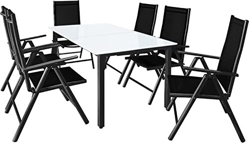 Casaria® Gartenmöbel Set 6 Stühle mit Tisch 150x90cm Aluminium Sicherheitsglas Wetterfest Klappbar Modern Terrasse Balkon Möbel Sitzgruppe Garnitur Bern