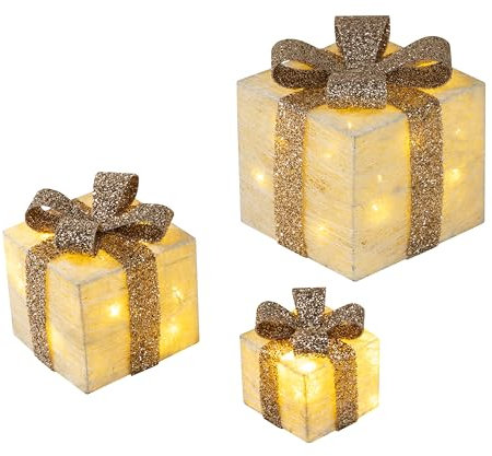 Bambelaa! 3er Led Deko Geschenke Leucht Boxen Timer Weihnachts Dekoration Weihnachtsdeko Beleuchtet Deko Weihnachten (Gold)