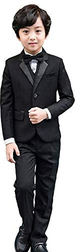lontakids 5Pcs Boys Suit Black Tuxedo Blazer Vest Bowtie Set Kids Formal Suits for Wedding Party (Black, 4)
