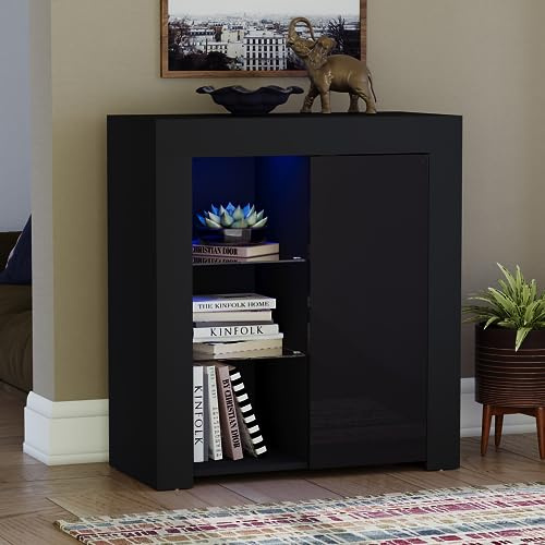 Vida Designs Azura Buffet LED Moderne 1 Porte Noir Lumières RVB (Fade/Stroboscope Inclus) Haute Brillance Régulière