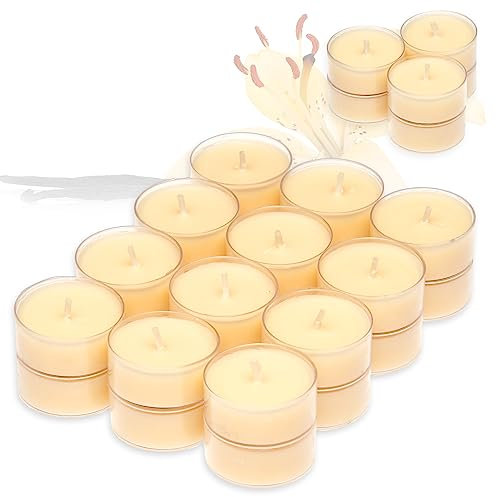 Candelo 24er Set Duft Kerzen Ambiente - Duftteelichter Vanille - Teelicht in Kunststoff Hülle je 1,7 x 3,8cm - 4 Std Brenndauer - Teelichter in Creme