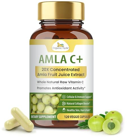 Organic Veda Amla + Capsules, 20 X Concentrated Amla Fruit Juice Extract Natural Vitamin C Supplement - Antioxidants, Immunity, Skin & Hair Growth Support - Whole Green Vitamin C 120 Vegan Capsule