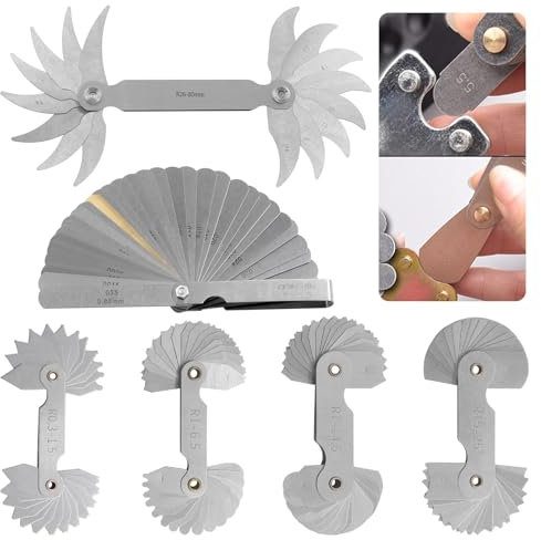 Wokape 6Pcs 5 Sizes Stainless Steel Radius Gauge with Feeler Gauge Kit, 5 Sizes Metric and Imperial R0.3-1.5/ R1-6.5/ R7-14.5/ R15-25/ R26-80 Arc Fillet Concave Convex Gap Measuring Tool