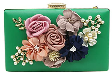 By Shirin | Damen 3D Blumen Clutch Handtasche | Handgefertigt mit Perle | Braut Hochzeit Tag Abend Party, Grün , Einheitsgröße