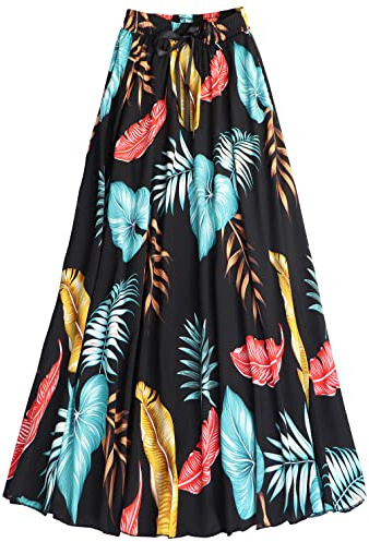 Coolwife Womens High Waist Skirts Midi Swing Pockets Elastic Waist A Line Boho Floral Print Skirt (Plam Black)