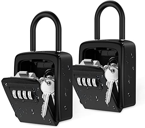 AMIR Key Lock Box, [2 Pack] Wall Mounted Key Safe Box, Weatherproof 4 Digit Combination Key Storage Lock Box, 5 Keys Capacity Lockbox with Removable Shackle for School Supplies