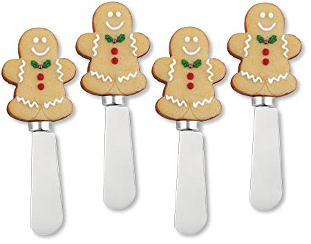 Supreme Housewares Cheese and Butter Spreader Knives Christmas Decor 4-Piece Hand Painted Resin Handle with Stainless Steel Blade Multipurpose Cheese Spreader set (Sugar Cookie Man)