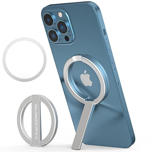 VAWcornic Handy Ring Halterung Magnetisch für MagSafe - Handy Griff Halter Fingerhalter für Smartphone, Tablet, Kindle, Kompatibel mit Magnetisch Handyhalter (Silber – inklusive 4 Klebeschnallen)