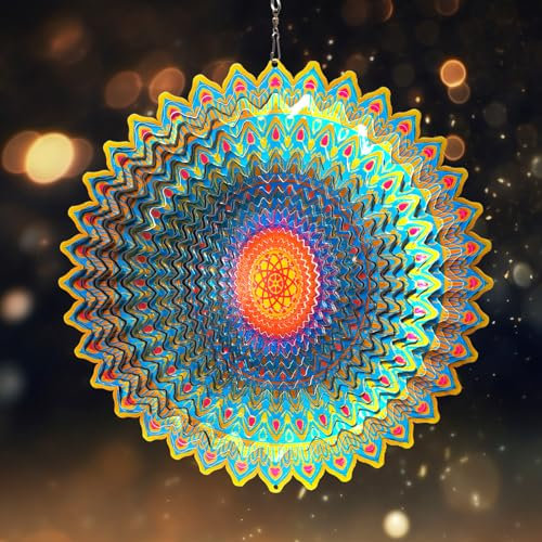 Goolyrusim Girandola a vento con mandala circolare 3D per esterni, tagliata al laser, scultura a vento in acciaio inox per cortile e giardino, decorazione da appendere per feste, decorazioni natalizie
