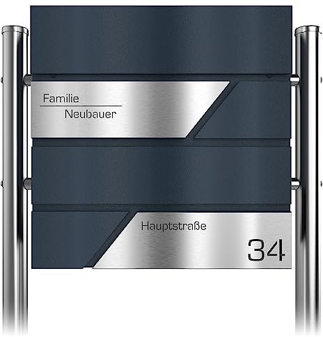 Graviers Design Briefkasten freistehend in Anthrazit RAL 7016 mit Standfuß - Postkasten personalisiert Edelstahl Lasergravur Name Hausnummer Straßenname - Schloss Zeitungsfach Design 1
