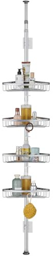 QIUFEN Telescópica Estantería Ducha, Esquina Estante Ducha, Estanteria baño Sin Taladro, Estanteria Ducha con 4 Cestas para Bañera y Baño, Altura Ajustable 73-302 CM (Gris)