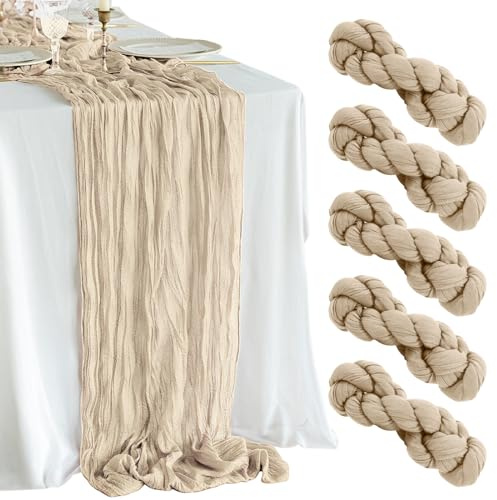 Lot de 5 chemins de table en étamine, 3 m en gaze de style bohème – Pour arche de mariage, fête prénatale et prénuptiale, pique-nique, fête d'anniversaire, décoration d'intérieur (verre)