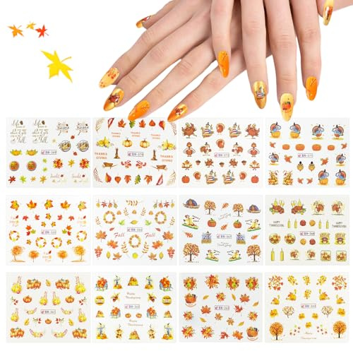 3D Nagelsticker Herbst Nail Art Sticker,Nagelsticker Herbst,Selbstklebend Nagelaufkleber Kürbis Ahornblatt Erntedankfest Dekoration Nageldesign Zubehör
