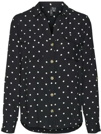 VERO MODA Damen Vmbumpy L/S Shirt New WVN Ga Noos Langarmbluse, Black/AOP:Snow White Dot,M