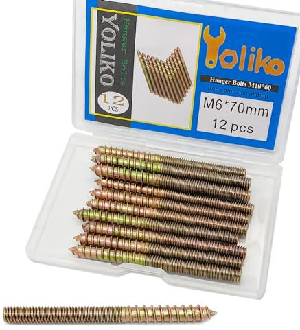 Yoliko 12 Pack M6 x 70 Hanger Bolts 70mm(2.76) Double Headed Bolts 6mm(0.24) Wood Dowel Screw Self-Tapping Screw Hanger Bolts for Furniture Screws Double Screw Threaded Rods Bolt 70mm Length