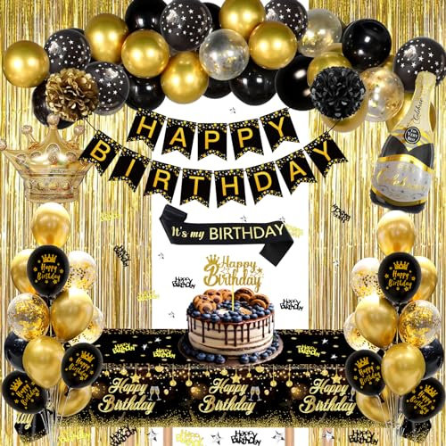 GYESXYW Black and Gold Party Decorations, Black and Gold Balloons Birthday Decorations, Happy Birthday Banner Golden Fringe Curtain Tablecloth Bday Sash Crown Pom Poms for Men Women Bday Decor