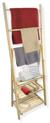 Porta Asciugamani Bagno da Terra, 3 ASte e 3 Ripiani, Pieghevole, 30x52.5x152hcm,100% Legno Faggio, Made in Italy