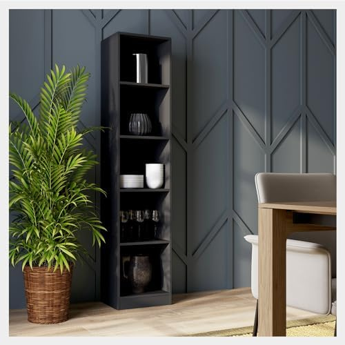 WHATSIZE ENTERPRISE 5 Tier Bookcase Black, Tall Freestanding Book Shelf for Living Room, Study and Bedroom, Wooden Shelving Unit Book Case (40cm L x 30cm W x 182cm H)