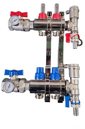 Premium Heizkreisverteiler 2 Heizkreise Kugelhahn Schnellentlüfter MESSING Vernickelt Schallgedämmt Fußbodenheizung Thermometer