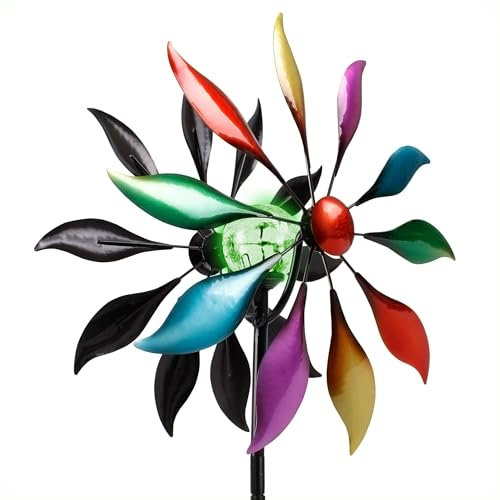 Metall Doppel Windrad mit Solar LED Glaskugel - Ø 38 cm - Deko Gartenstecker mit Farbwechsel Beleuchtung - Garten Deko Windspiel Windmühle Blumenstecker Beetstecker beleuchtet wetterfest