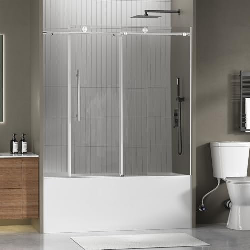 Findepot Frameless Bathtub Shower Doors 56-60 Width x 59 Height with 5/16 (8mm) Clear Tempered Glass,Silent Soft-Close Design,Brushed Nickel