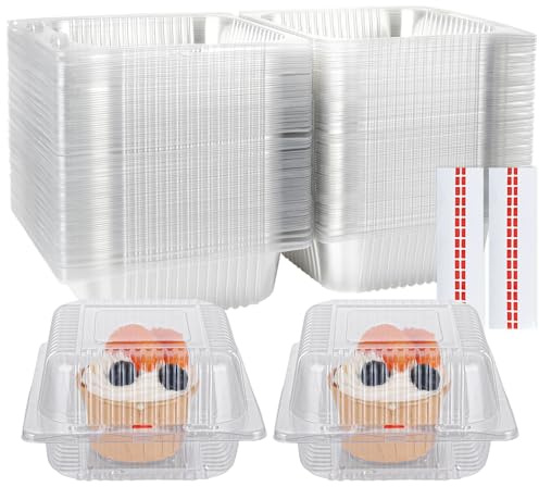 LOLYSIC 150Pcs Cake Boxes for Cake Portions, 5.3 Inch Clear Individual Cake Slice Boxes, Square Cake Boxes for Miffin Pastry Cakes Salad Cheese Hamburger Sandwich, with Sealing Stickers